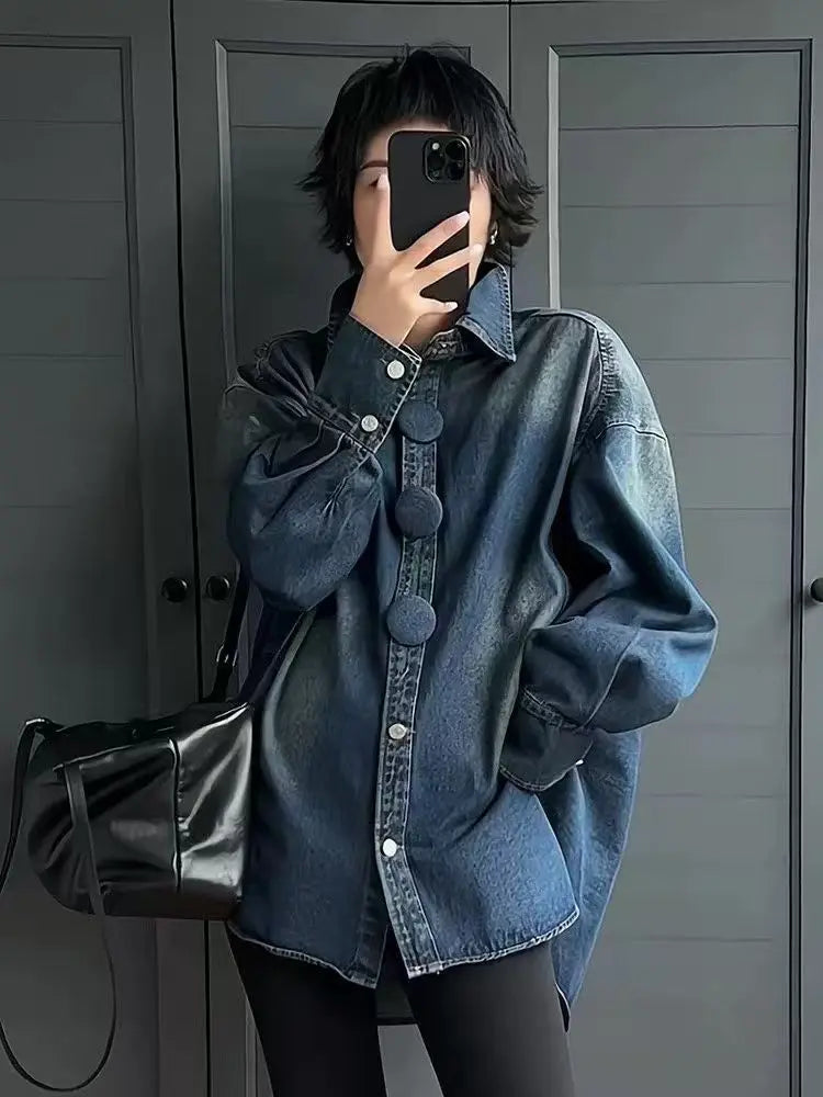Autumn/Spring Button-down Long Sleeve Loose Fit Medium Jeans Top Casual Oversize Street Chic Washed Denim Shirt