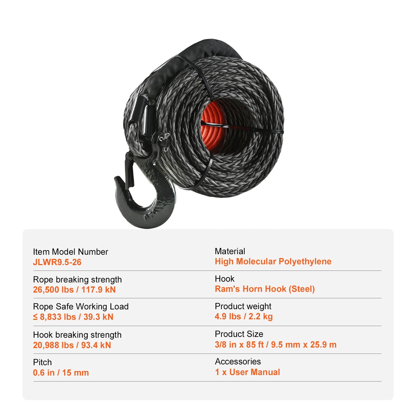 SucceBuy 26500/32000Lbs Synthetic Winch Rope Truck Boat Replacement Line Cable Rope with Forged Hook ATV Car Outdoor Accessories