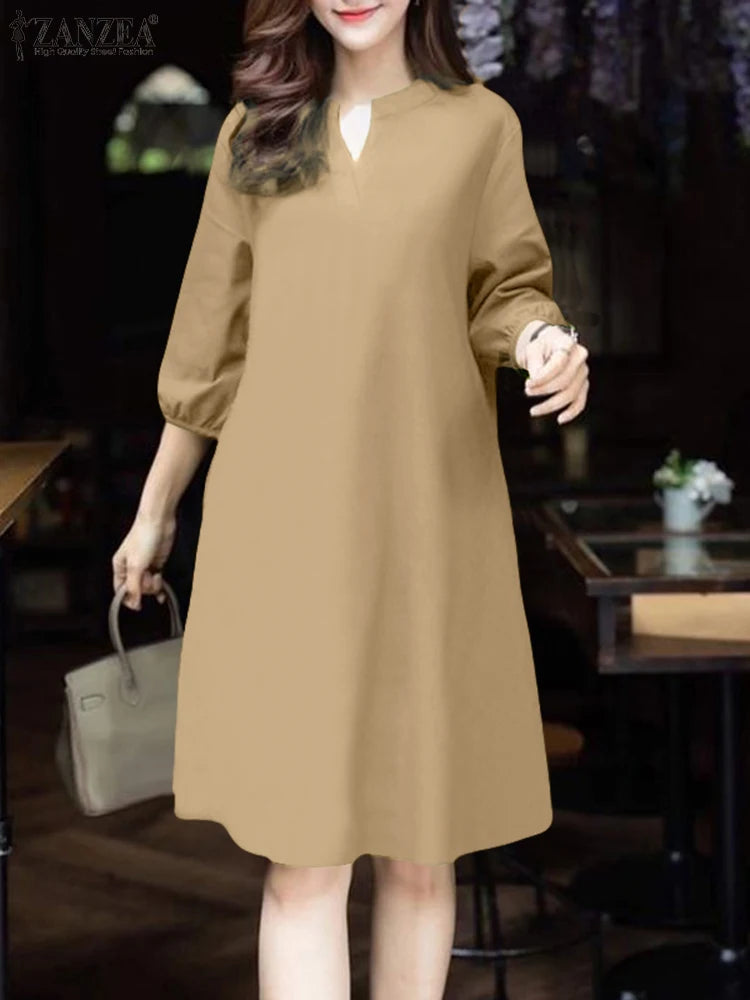 2025 ZANZEA Fashion Women V Neck 3/4 Sleeve Dress Autumn Sundress Elegant Solid OL Work Dresses Casual A Line Loose Vestido Robe