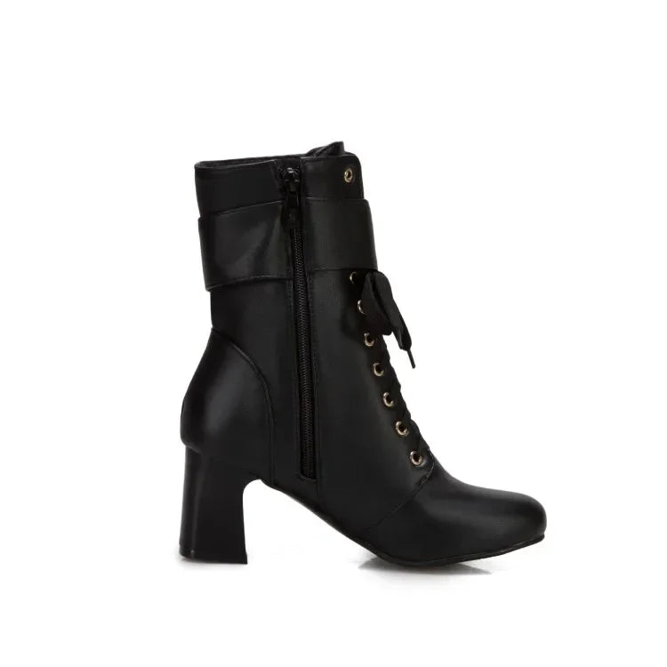 Winter Fashion British Style Round Head High Heels Women Boots Black White Pink Sweet Butterfly-Knot High Heels Women Boots