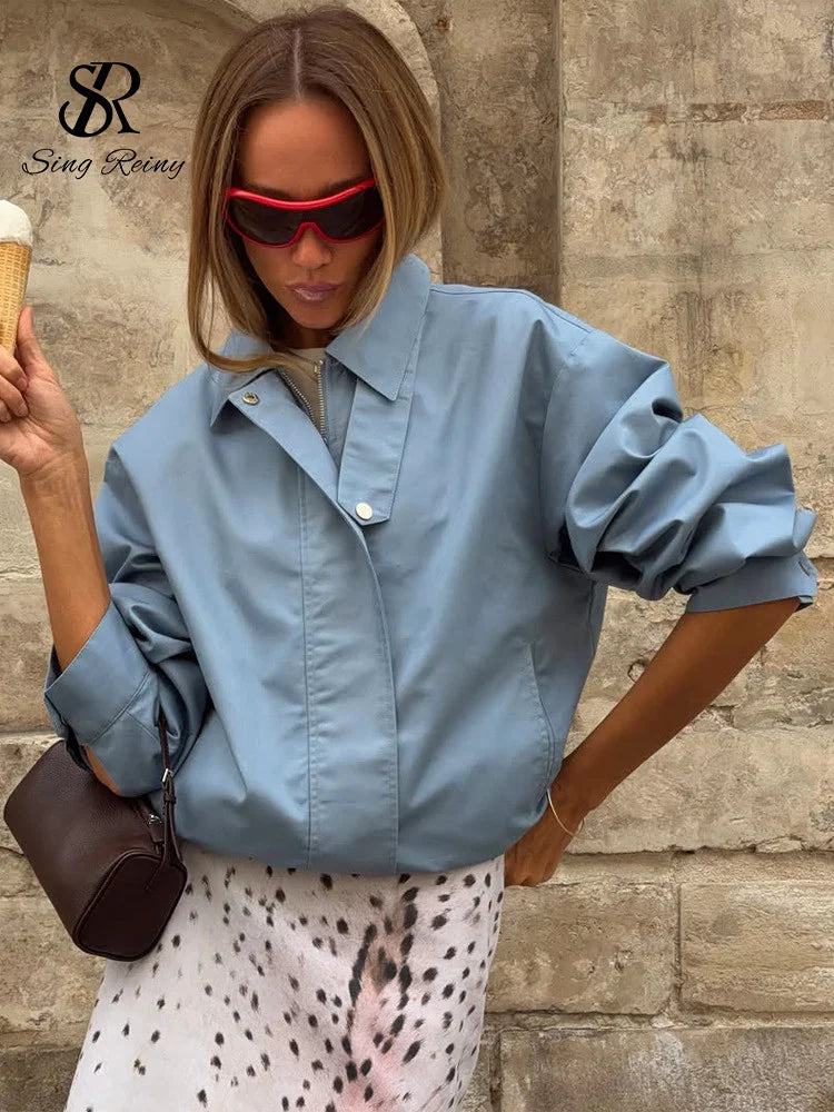 SINGREINY Autumn Trendy Street Casual Jacket Lapel Full Sleeves French Simple Outerwear Newest Versatile Blue Basic Loose Coat