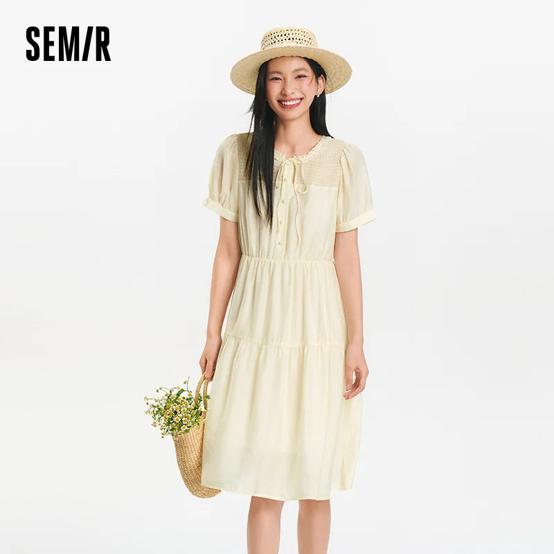 Semir Women Dress Puff Sleeve Lace Crew Neck Textured Midi French Elegant 2026 Summer Romantic Soft Comfy Daily Top