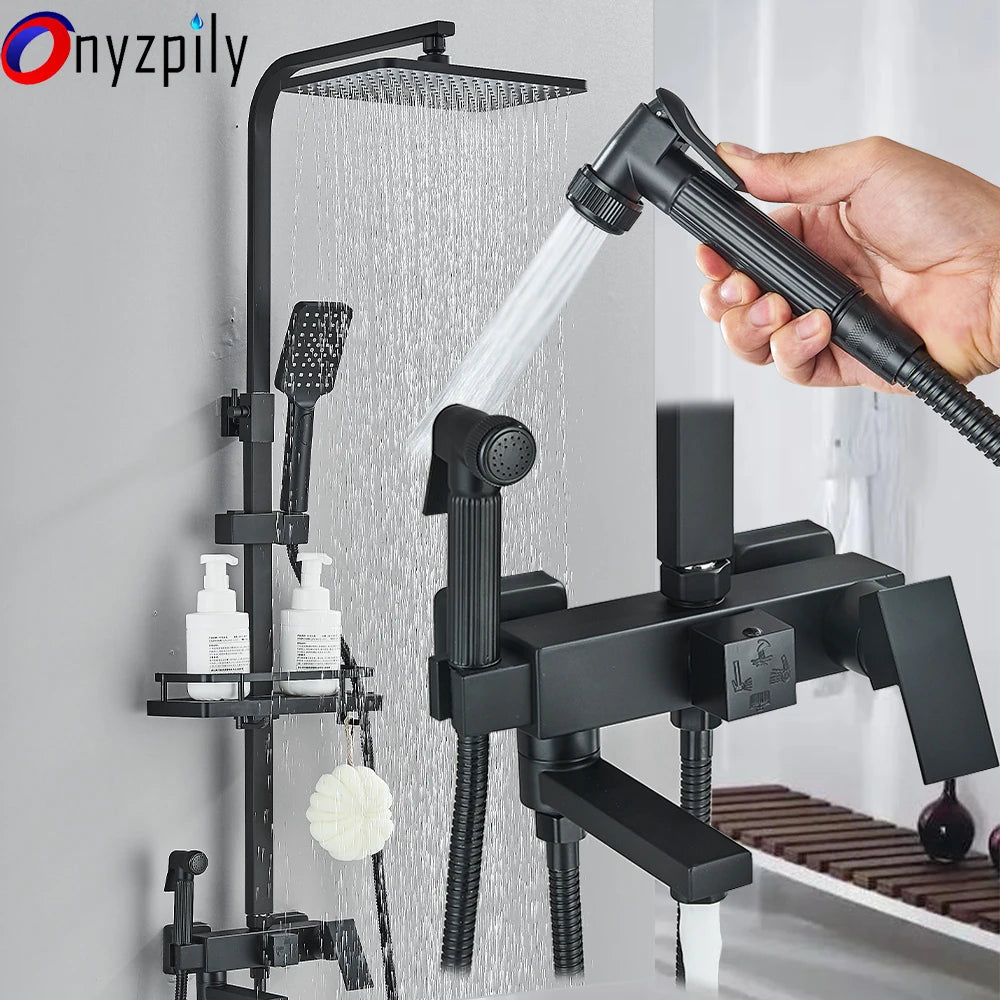 Shower Faucet Set Rainfall 3/4-ways Bathtub Tap With Bathroom Shelf Height Adjust Brass Mixer Crane Hot Cold Water Systems