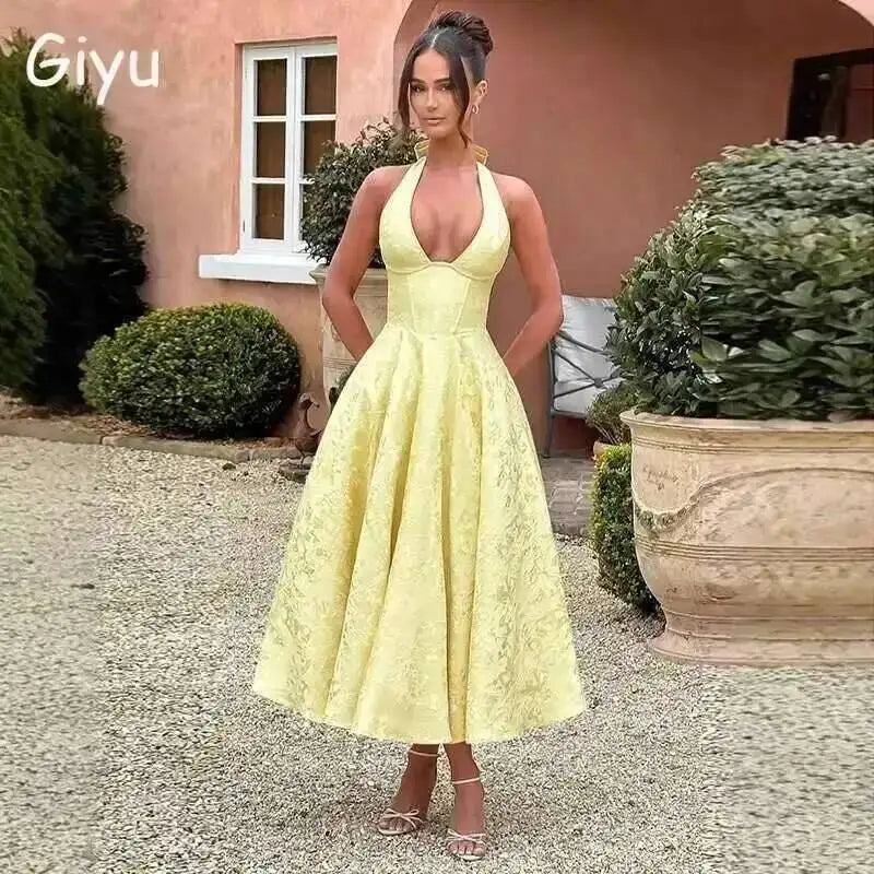 Giyu Club Evening Party Dresses Women 2025 Summer Sexy Bow Halter Long Dress Elegant Jacquard Lace Up Backless Birthday Robe