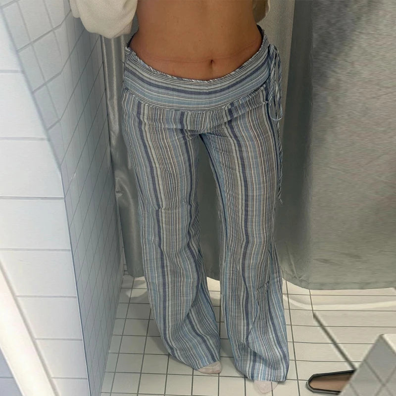 Color Vertical Stripe Women's Wide Leg Pants Folded Wide Waistband Side Thin Drawstring Tie Relaxed Drape Length Casual Pants