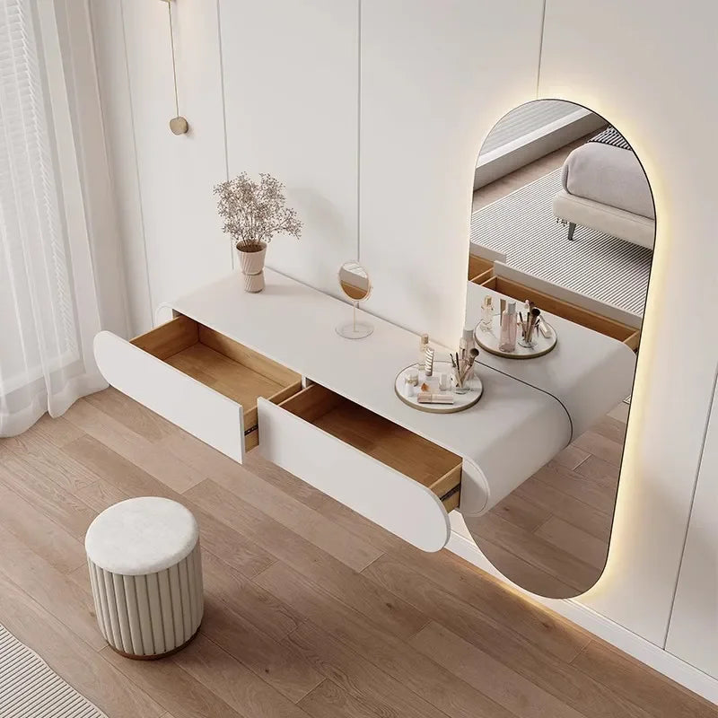 Cream Wall Mounted Dresser with Mirror Modern Minimalist Bedroom Makeup Vanity Floating Storage Console Table