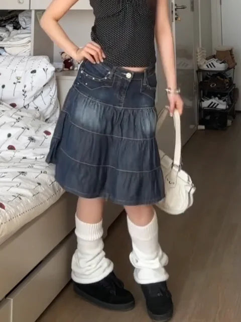 Women Denim Skirts Loose A-line High Waist Jupe Fashion Summer Korean Saia 2025 Faldas Mujer De Moda Vintage Casual Y2k Skirt