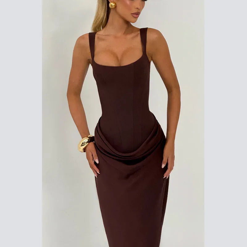 Ruched Waist Satin Long Dress Solid Bodycon Sleeveless Cowl Neck Fishtail Women Dresses 2026 Summer Lady Formal Evening Gowns