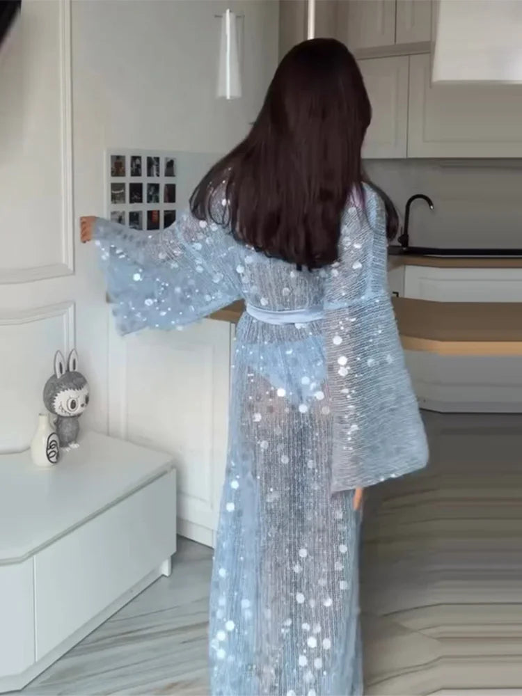 Sequined Hollow Out Long Dress Women Sexy V-neck Full Sleeve Mesh Patchwork Lace Up Cardigan Party Evening Dresses New Beachwear