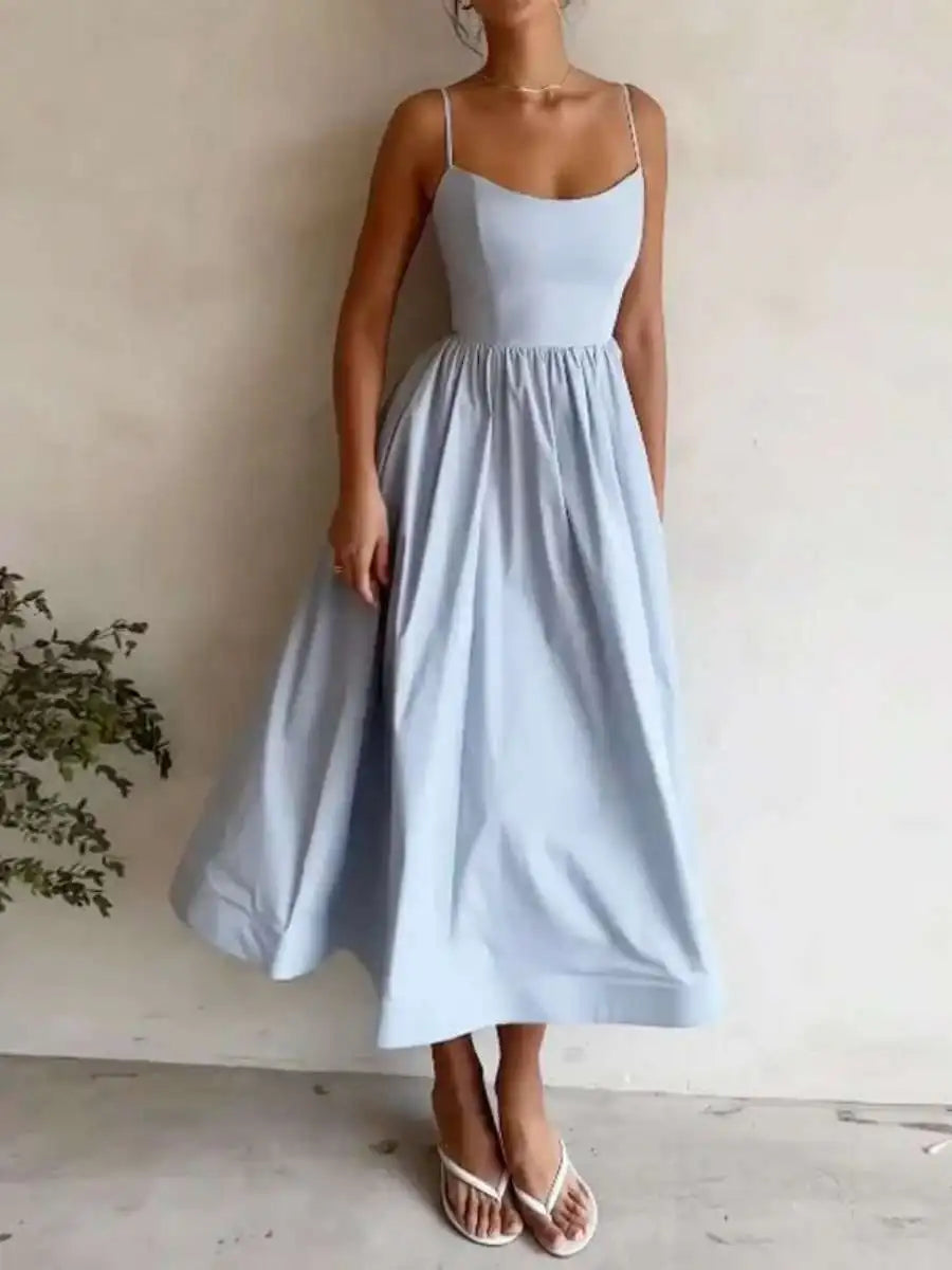 Summer Fashion Casual Sexy Big Skirt Pure Color Strapless Dress Women's mid Waist A-Line Skirt Polyester Fabric No Sleeve