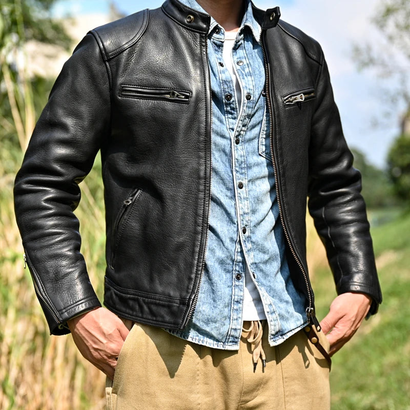 2023 New Genuine Leather Jacket Men 1.6 Thick Full-grain Top Layer Cowhide Natural Leather Clothes Men's Leather Jacket Chaqueta