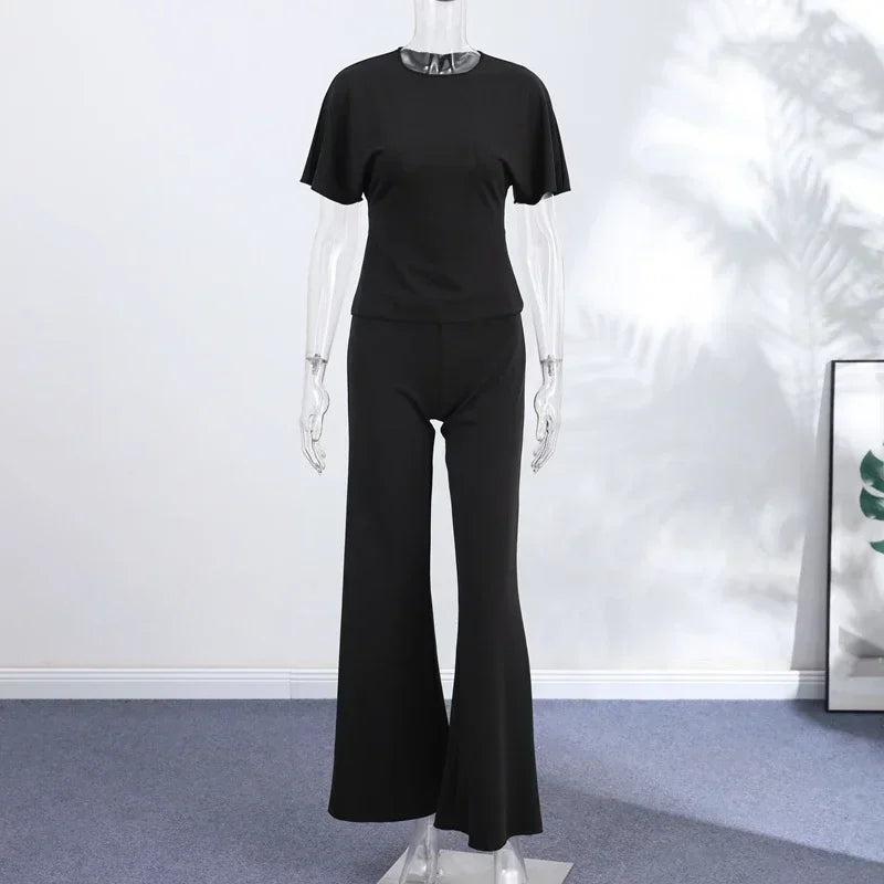 Sexy Solid Top Trousers Set Women Short Sleeve Backless Tops Long Slim Pants Sets Female 2026 Chic Summer Autumn Lady Suits New