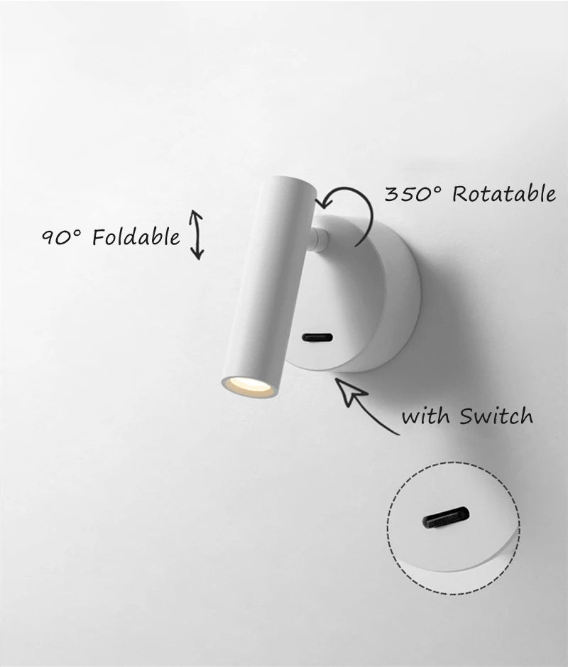 LED Wall Lamps with Switch Rotatable Adjust Aluminum 3W Spotlight Bedside Reading Light Hotel Bedroom RV Sconce Light Fixture