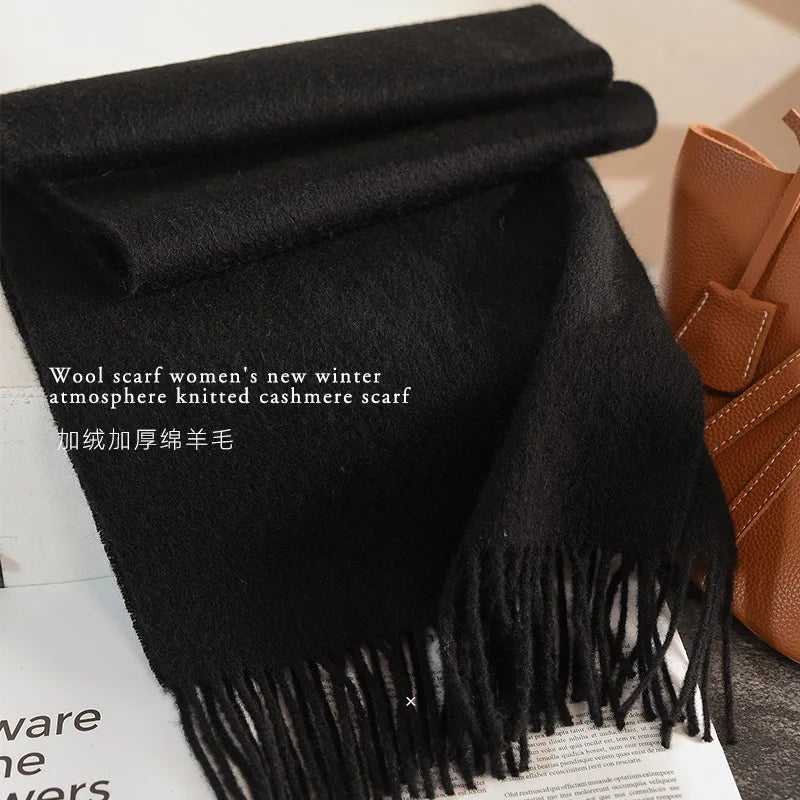 High Quality 100% Wool Muffler Classic Simple Solid Men Women Scarf Fall Winter Thick Casual Shawl Male Female Tassel Scarves