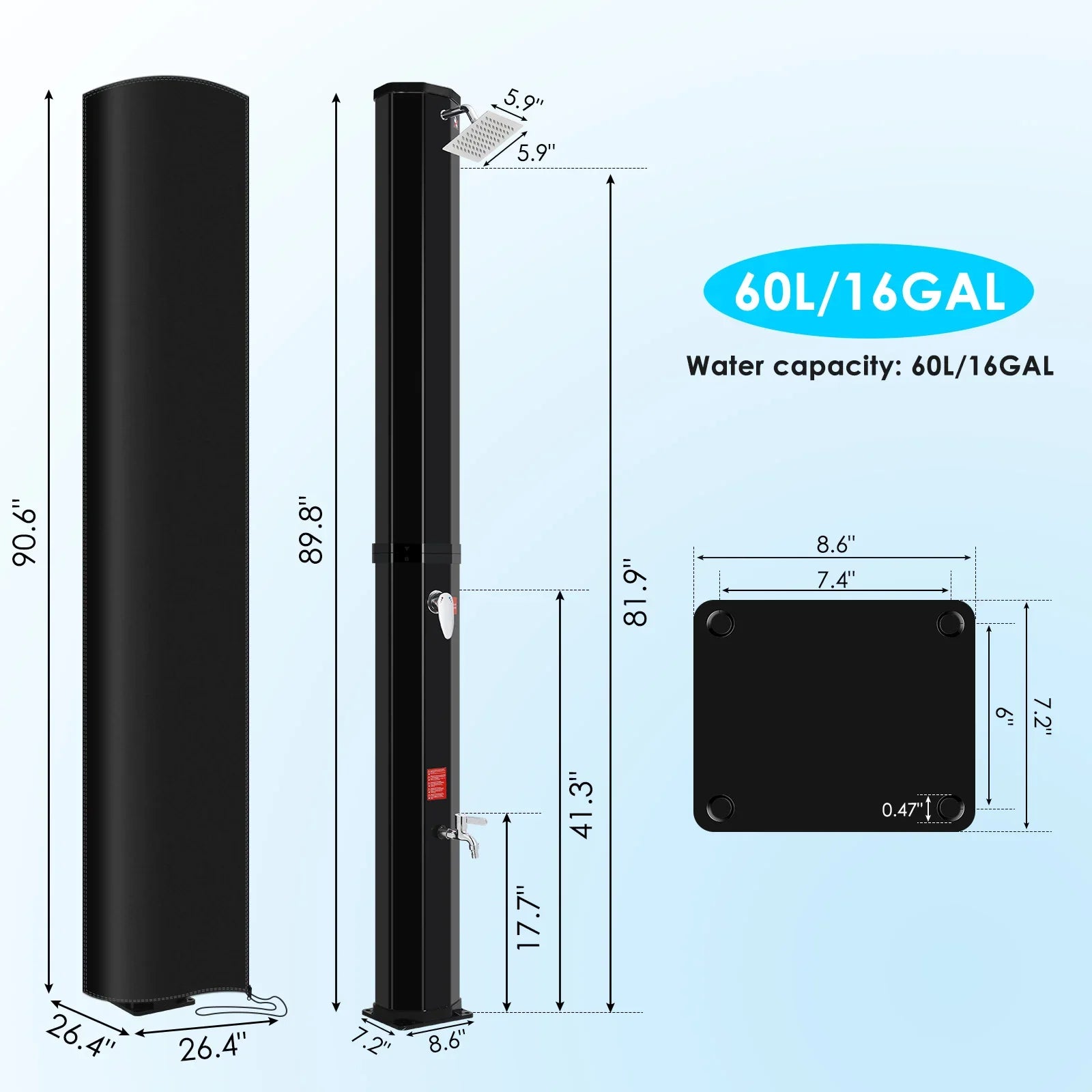 60L Freestanding Outdoor Solar Heated Shower,Outdoor Pool Showers for Outside,High 228cm Solar Shower Column 360° Swivel Shower