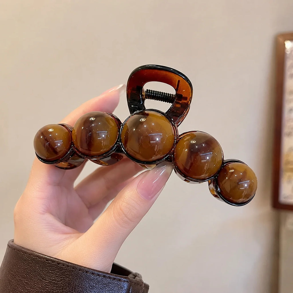 Vintage Beaded Hair Claw Clip Bubble Ball Gradient for Women Elegant Brown 11CM Large Acrylic Hair Claws French Hair Accessories