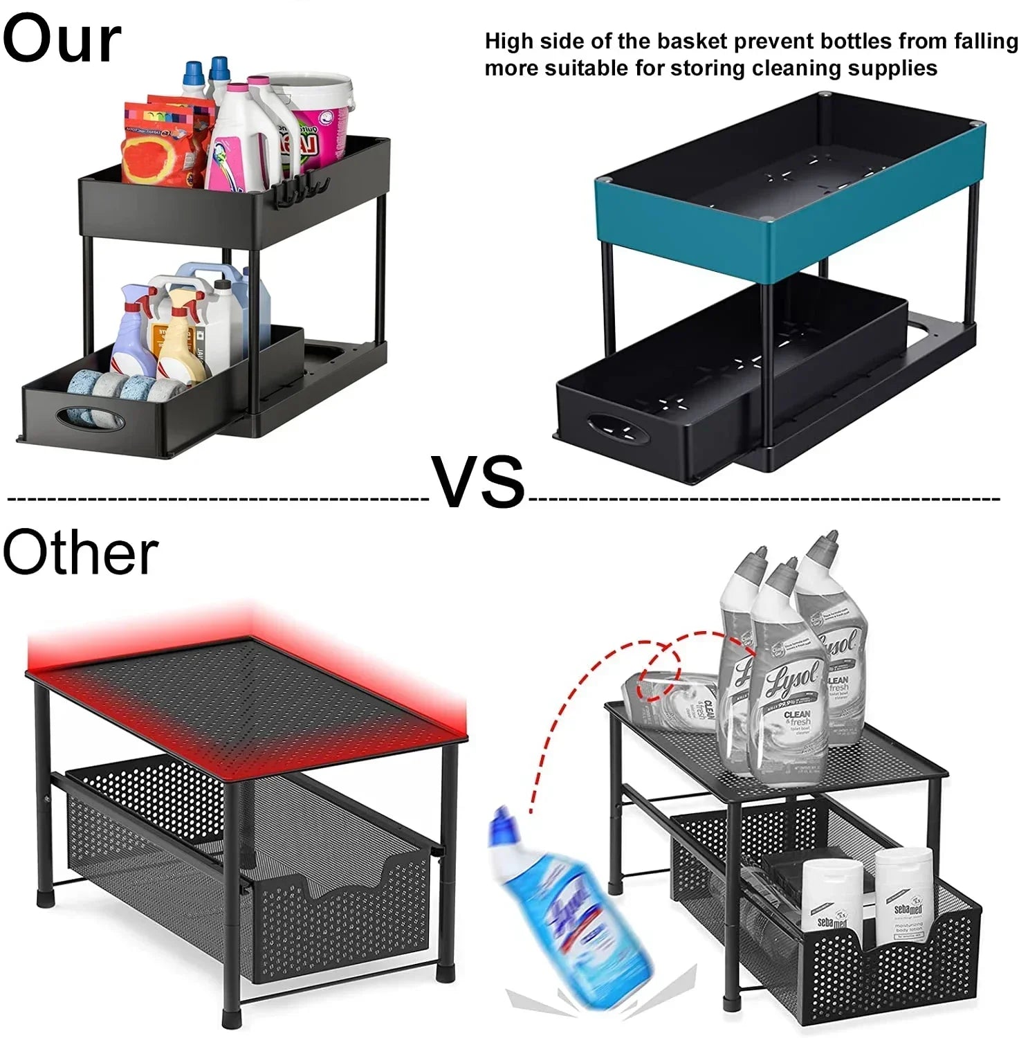 Kitchen Bathroom Under Sink Organizer 2-Tier Sliding Storage Basket Multipurpose Shelf with Hanging Cup and Hook Accessories