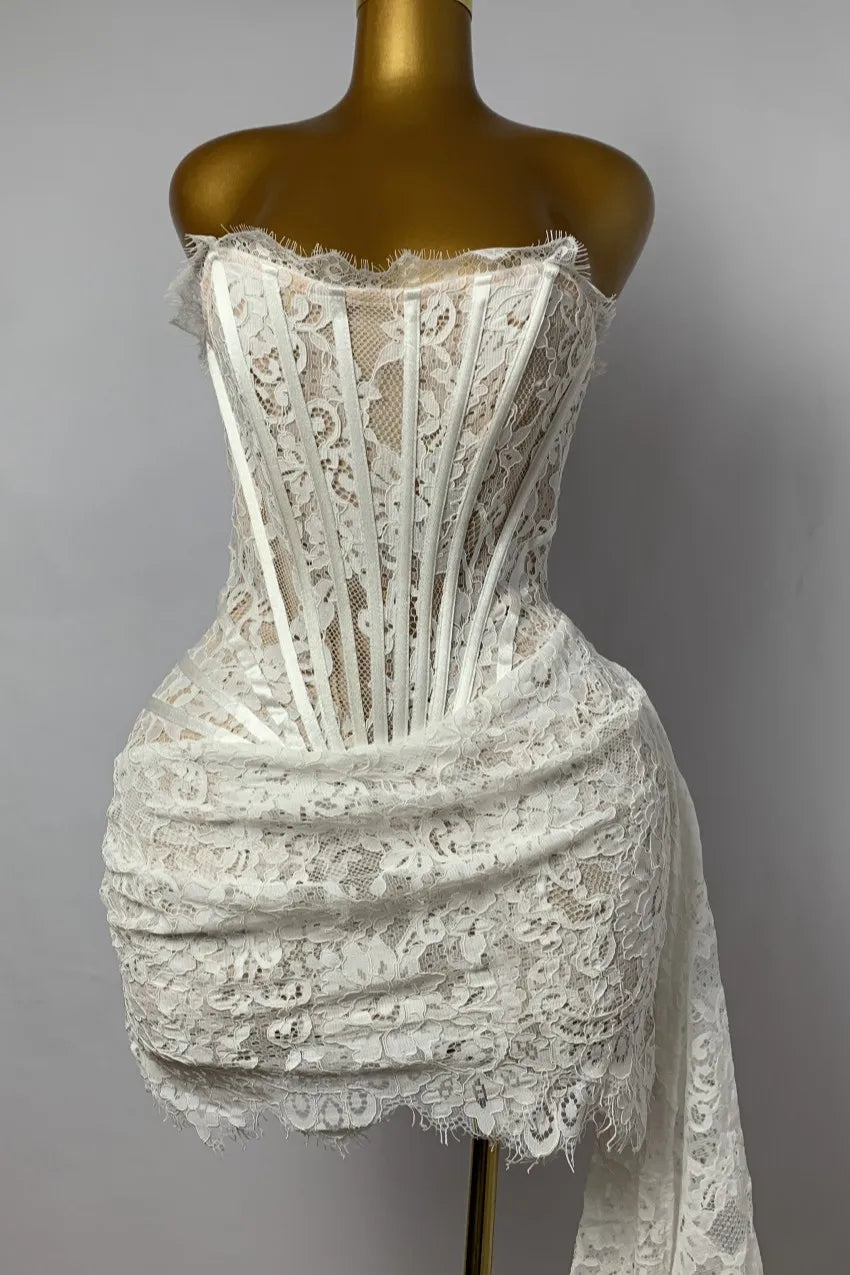 Women's Sexy Lace Dress Solid Color Sheer Patchwork High Waist Lace Dress Elegant Printed Strapless Slim Evening Dress