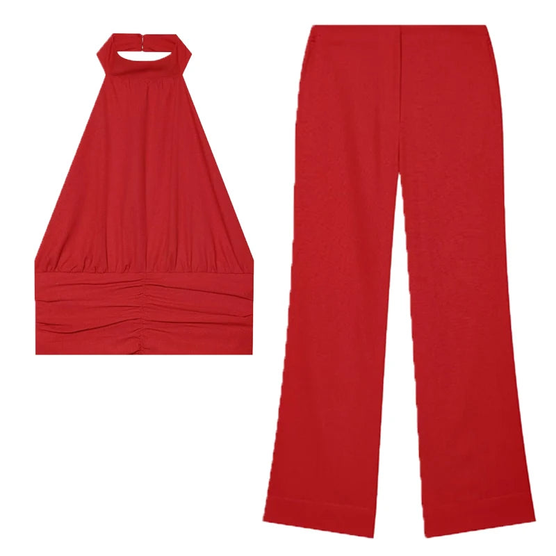 Women's Red Pants Sets Sexy Halter Backless Ruched Crop Tank Top Suit Elegant Female 2 Piece Sets Summer Woman New Matching Sets