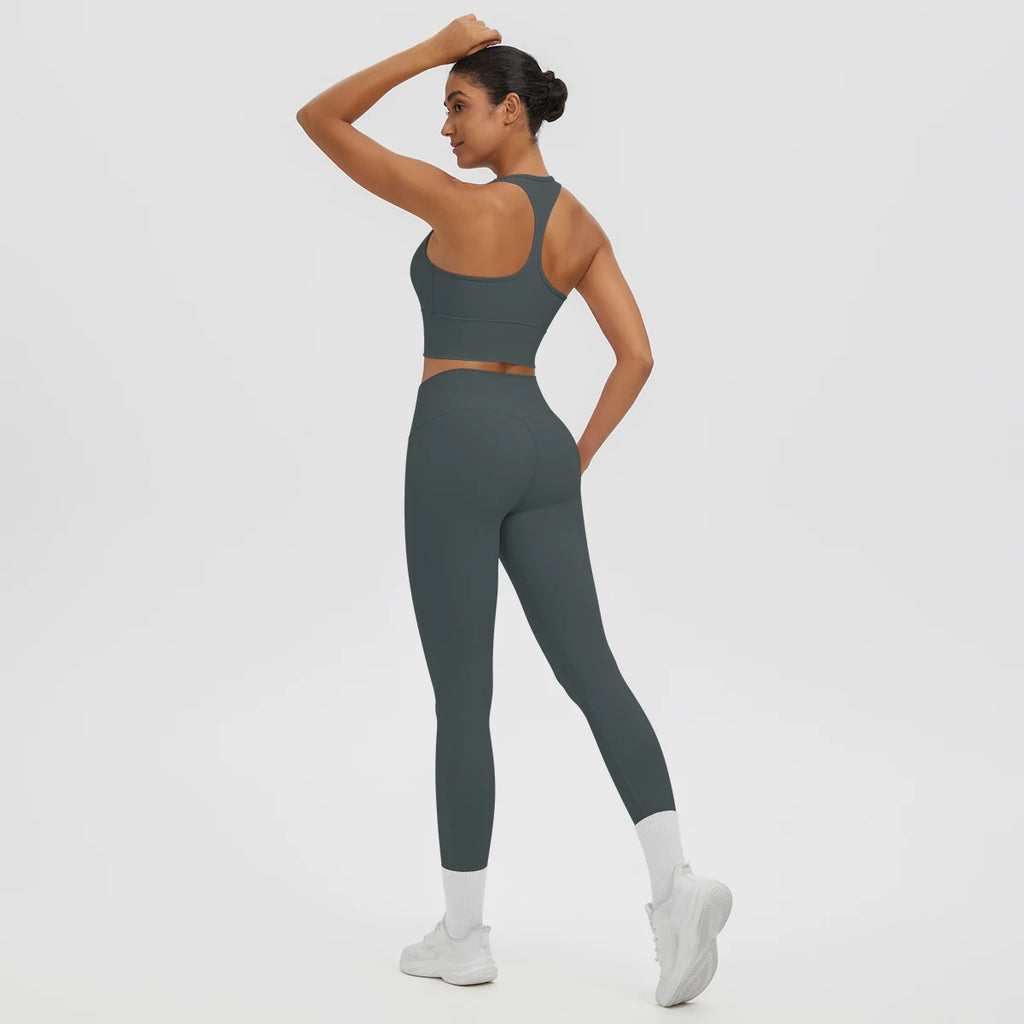 2PCS/set Gym Sports Yoga Suit for Women's Solid Color High Stretch Quick Drying Legging Yoga Pants Gather I-shaped Vest Yoga Set