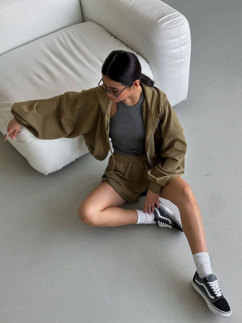 Women's Outfit Long-Sleeve Hooded Drawstring Sweatshirt Shorts Set Two-Piece Sets Sports Suit Sportswear Streetwear Trendy