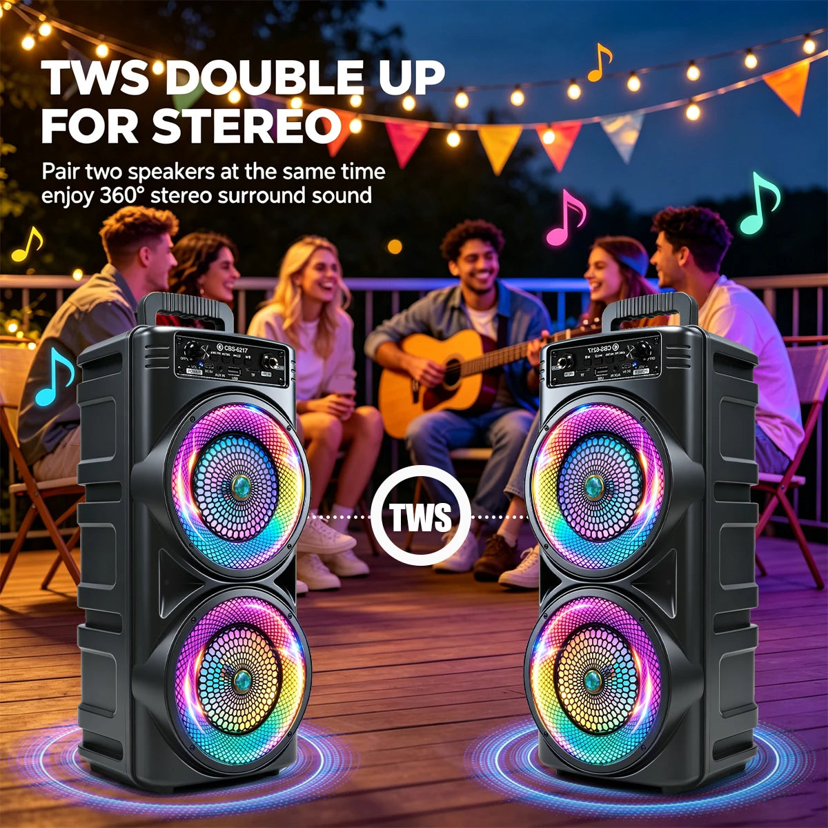 Portable  Bluetooth Party Speaker, Dual 6.5 Inch Big Subwoofer, Colorful RGB LED Light Effects, Wired Microphone, Bluetoo