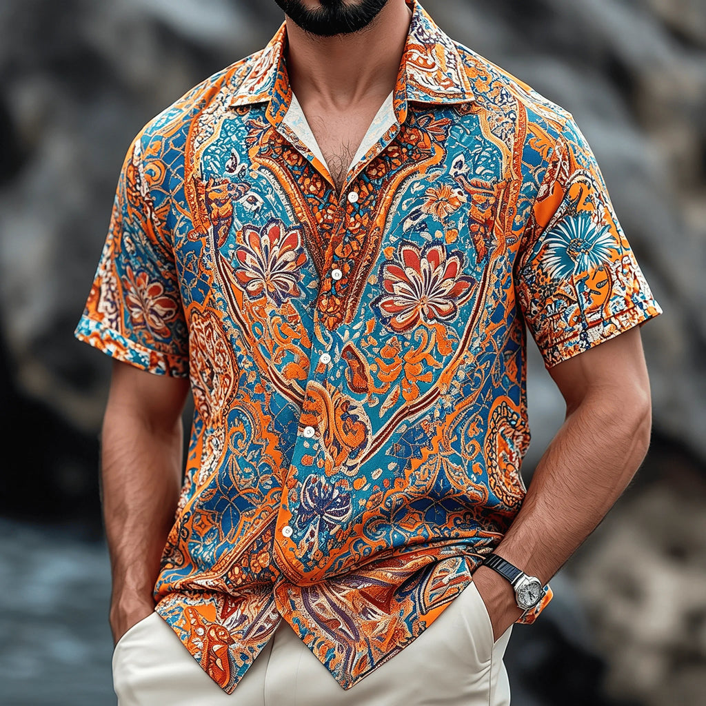 Men's Vintage Boho Paisley Print Short Sleeve Shirt, Retro Ethnic Button-Down Spring Summer Top