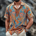 Men's Vintage Boho Paisley Print Short Sleeve Shirt, Retro Ethnic Button-Down Spring Summer Top