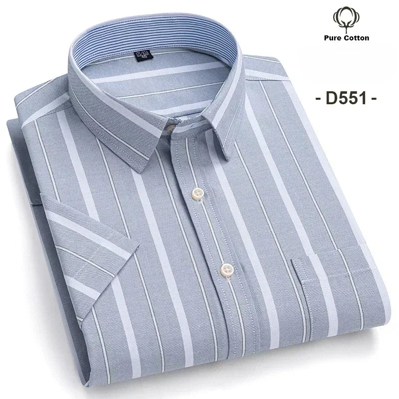 2025 100% Pure Cotton Men's Oxford Short Sleeve Square Collar Soild Plaid Striped Summer Casual Shirts Single Pocket  Shirt