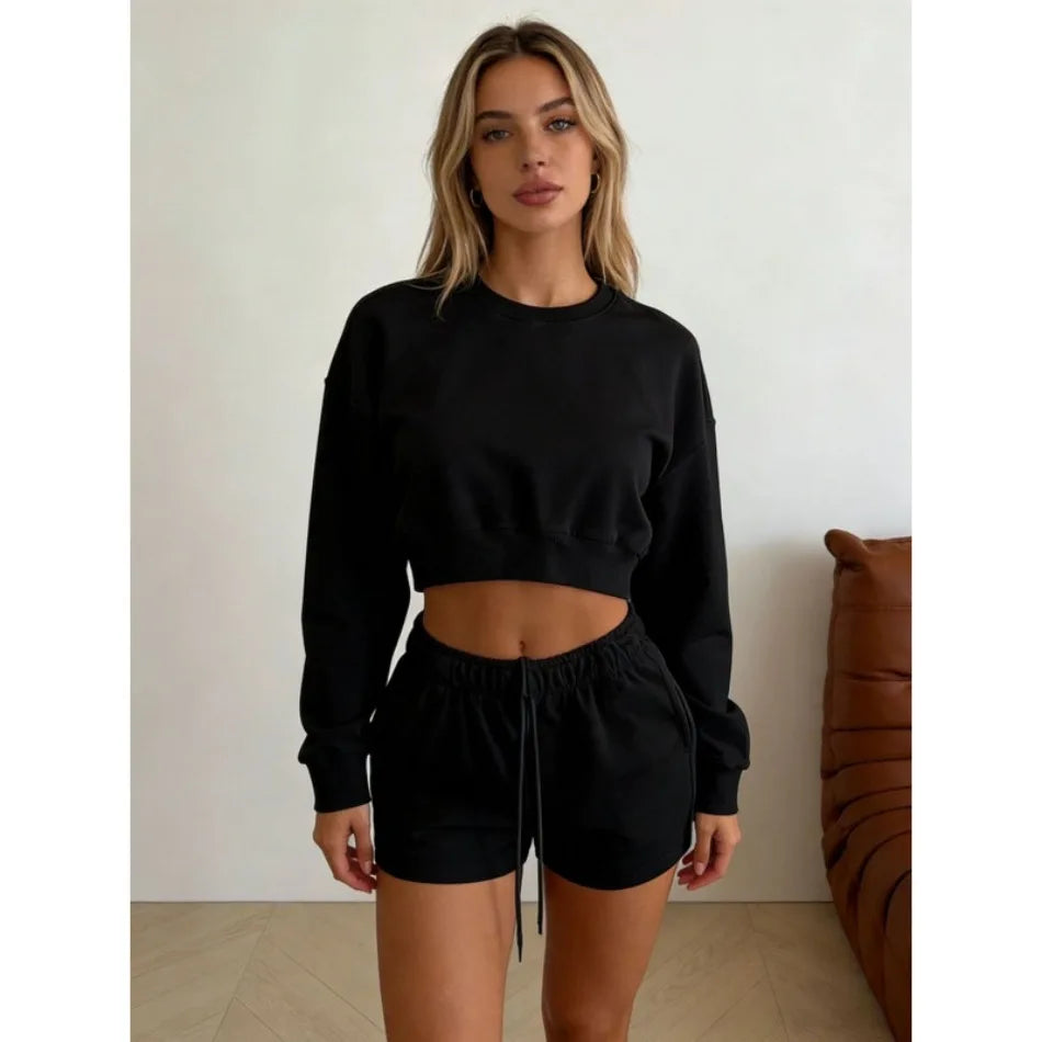 Women's Round-Neck Long-Sleeved Loose Couple Hoodie Set, Solid Color and Simple