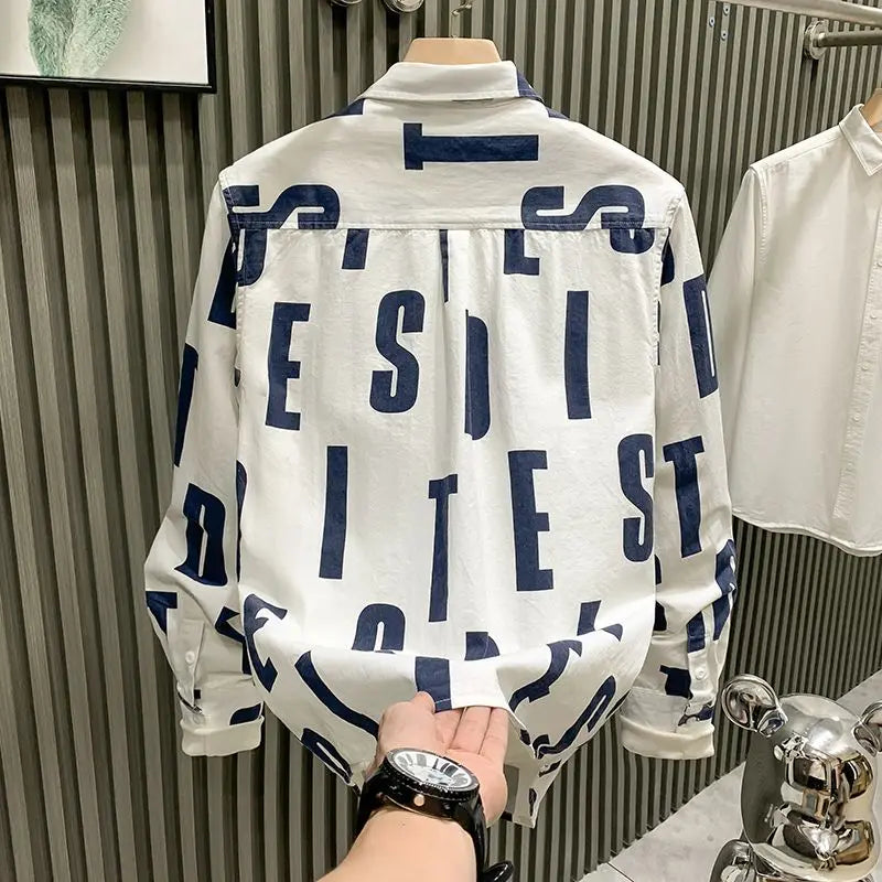 Men Clothing Spring Autumn Trendy Vintage Letter Print Lapel Shirt Simple Casual Long Sleeve Pocket Loose Tops Camisa Masculina