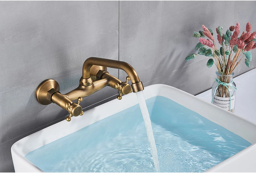 Antique Brass Basin Faucet Wall Mounted Bathroom Mixer Tap Hot Cold Sink Faucet 360 Rotation Spout Chrome Kitchen Mixer Taps