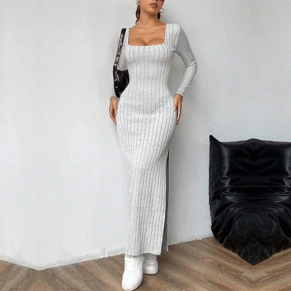 Elegant Women Summer Dress Square Neck Backless Long Sleeve Midi Dress Simple Chic Design