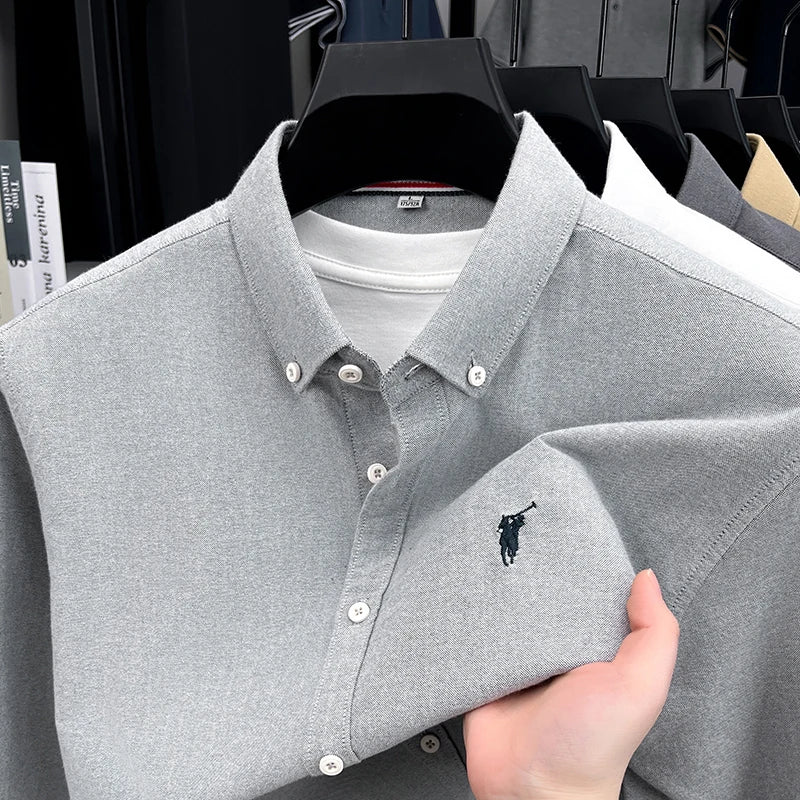 High End 100% Pure Cotton Long Sleeved Men's 2026 Spring Fashion Solid Color Business Casual Small Horse Logo Shirt