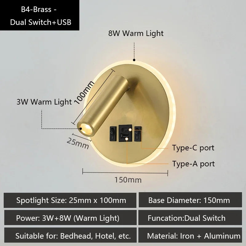 Modern Versatile LED Wall Sconce Lamp with Dual USB Ports Adjustable Side Reading Lights Modern Bedrooms Bedside Lamp