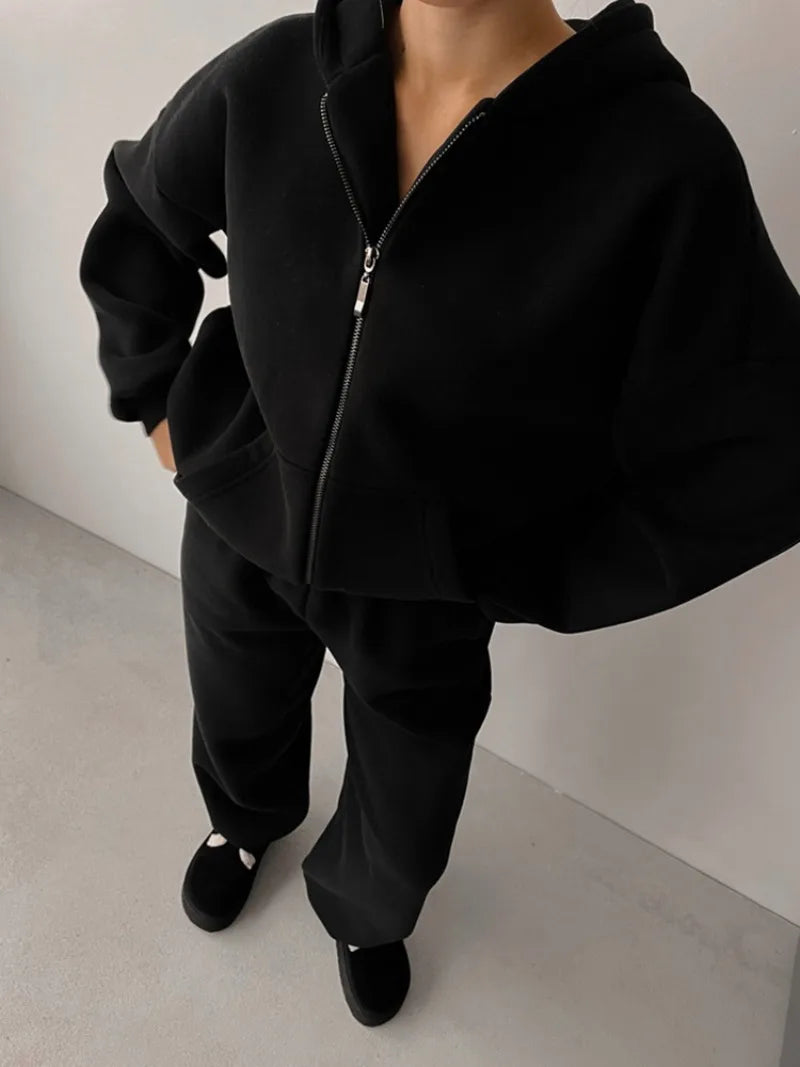 Women's Casual Suit Solid Color Long Sleeve Hooded Cardigan Pocket Sweater Elastic Pants Two-piece Set