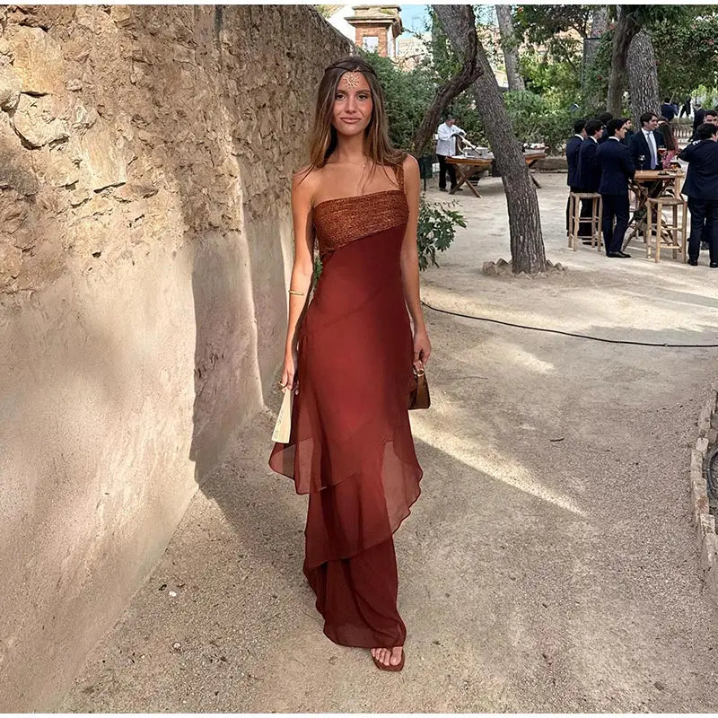 Elegant Patchwork Women's Dress Sleeveless Cascading Ruffle Skew-Collar Lady Long Dresses 2026 Summer Chic Female Vacation Robe