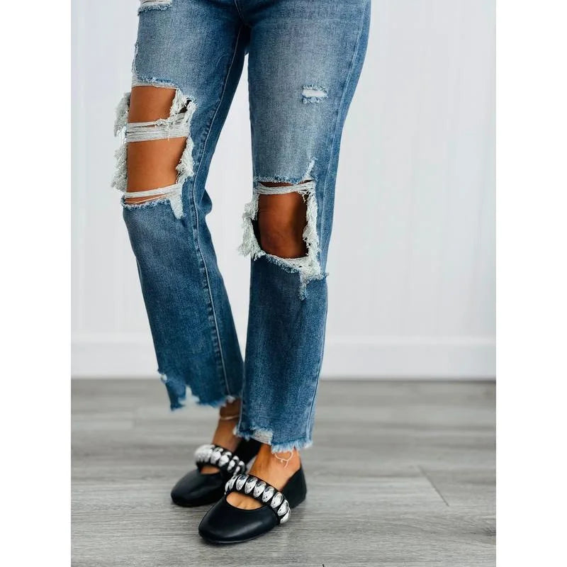Women's Denim Pants with Mid Waist Washed and Polished White Distressed Pockets, Spring and Summer Temperament, Cropped Shorts