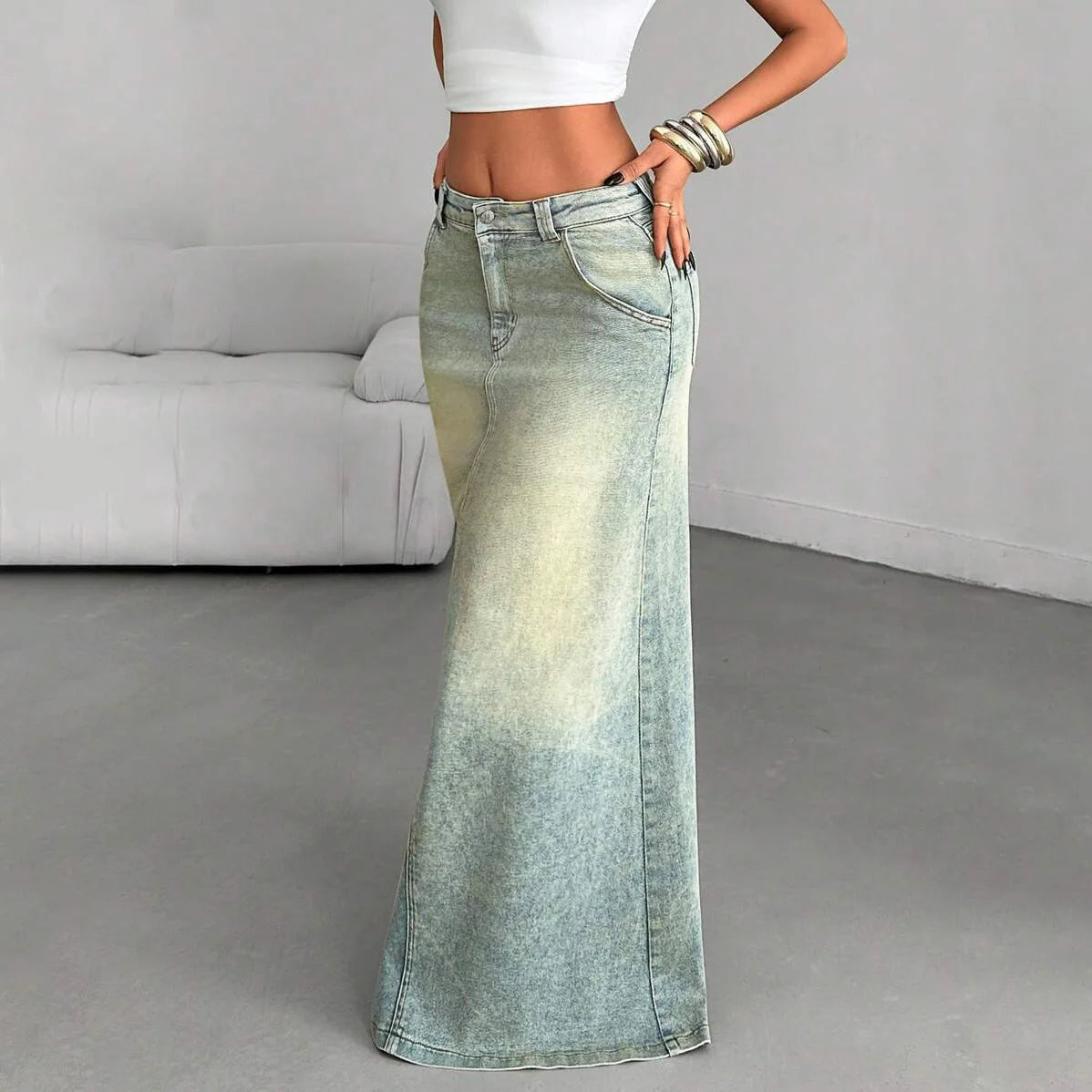 Denim Old Floor-length Slit Skirt for Women, Low Waist, Slimming, Fashionable and Trendy, Versatile for Everyday Use