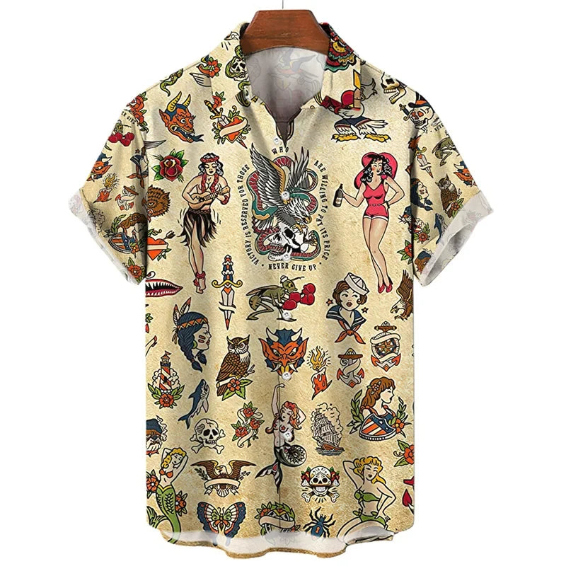 3D retro digital printed men's lapel short sleeved shirt
