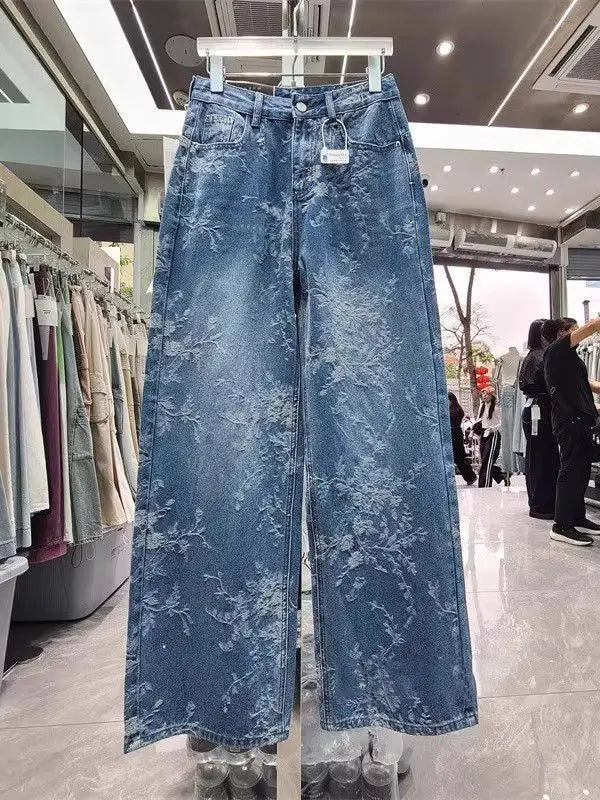 Korean Niche Jacquard Wide-leg Jeans Women Summer Trousers New Design Sense High-waist Casual Straight-leg Floor-length Pants