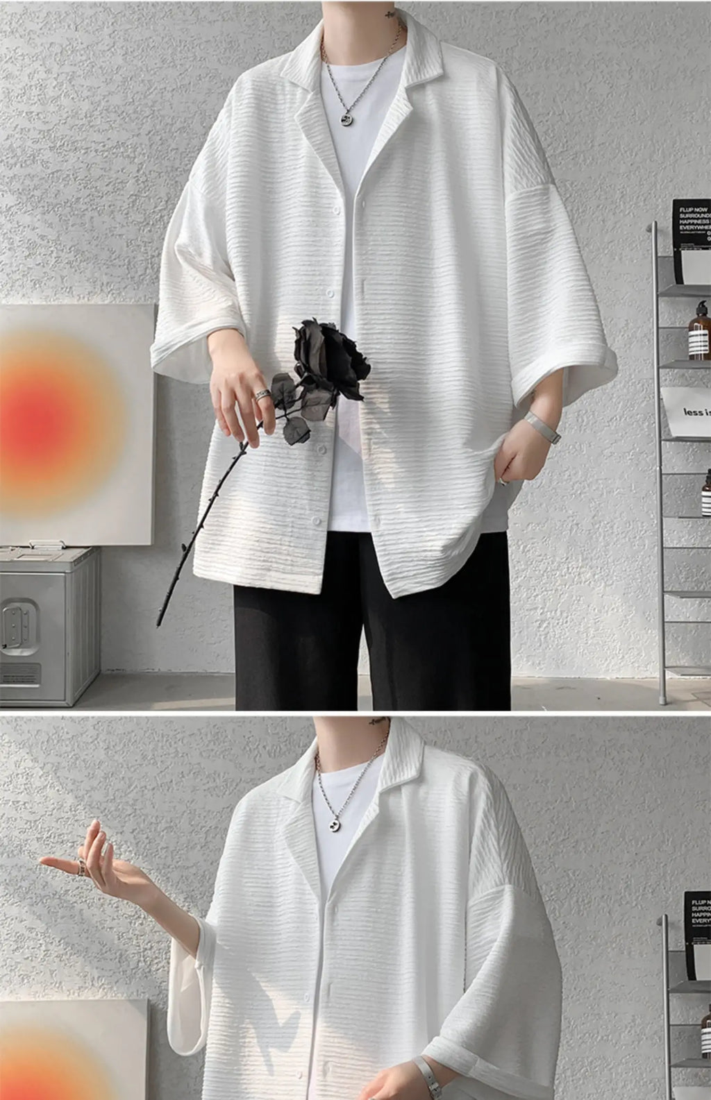 LEGIBLE Spring Summer Solid Shirts Men Casual Oversized Three Quarter Shirts Male Loose Fit Shirt for Man