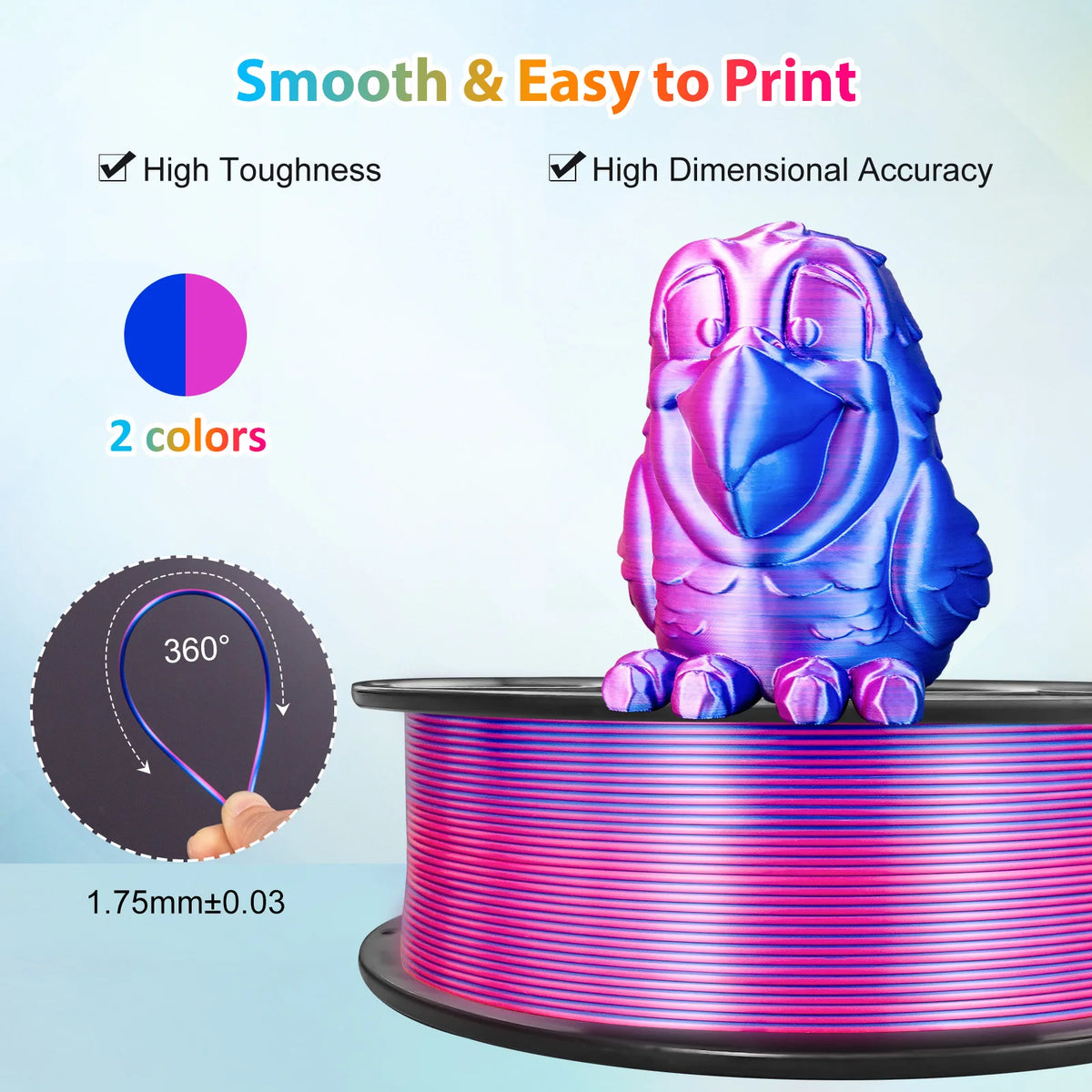 Multicolor 3D Printer Filament,Dual/Tri Color 1.75mm PLA Silk Shiny Printing Filament,250g(0.55lbs) Fit Most FDM 3D Printer