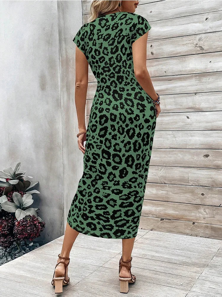 Retro leopard print dress with round neck covered sleeves twisted sides waist cinching, slim fit, hip hugging women's clothing