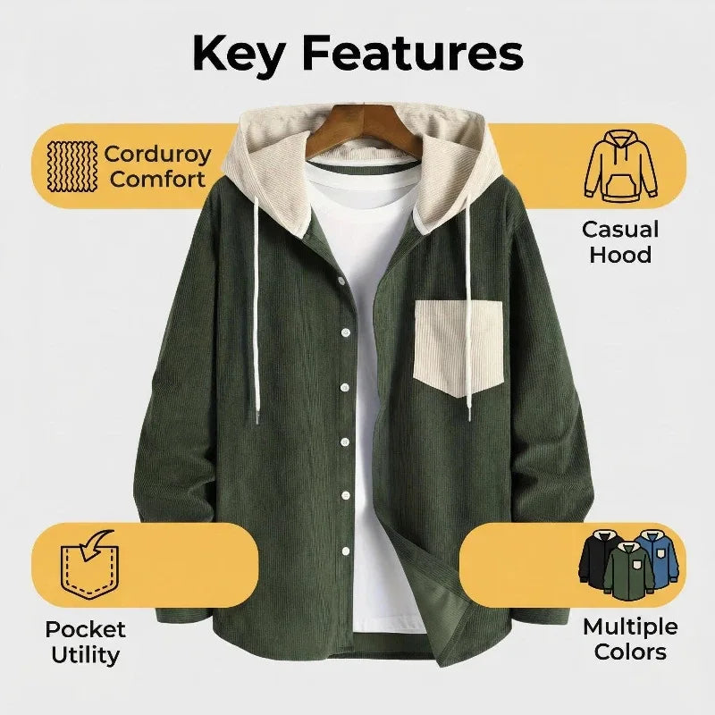 New Men's Corduroy Hoodie Shirt Long Sleeve Casual Streetwear Pocket Splicing Color Block Loose Fit Tops Autumn Spring Coats