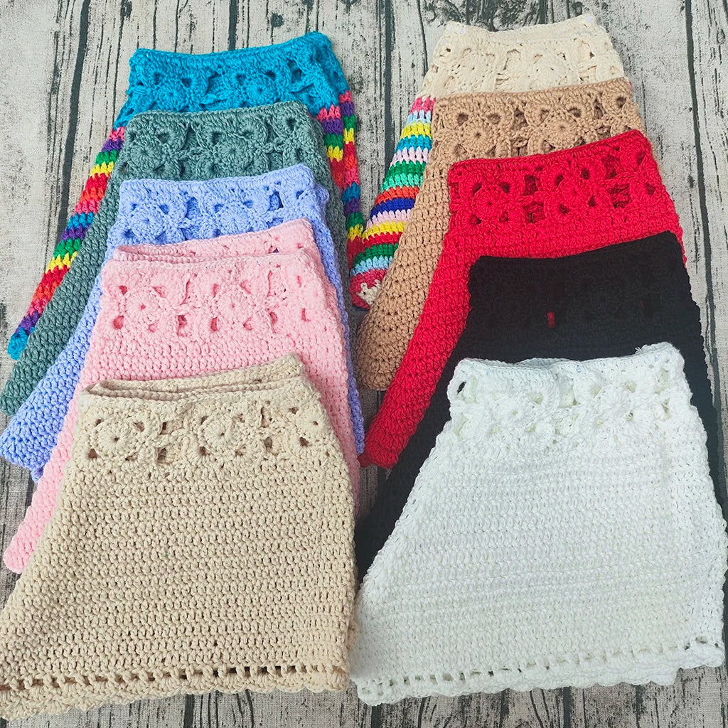 Handmade Attractive Women Openwork Crochet Shorts Stretch Waist Casual Beach Bandage Hot Pants