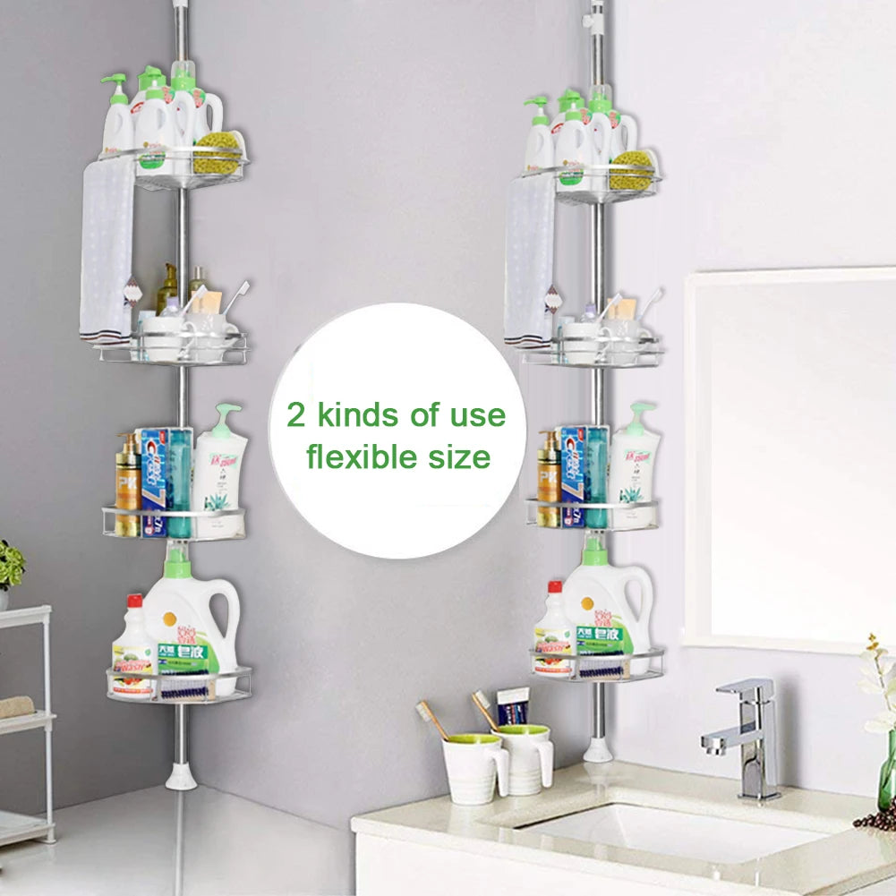 Telescopic Shower Shelf, Stainless Steel Corner Shelf with 4 Shower Baskets, Adjustable 110-280cm for Bathroom and Kitchen