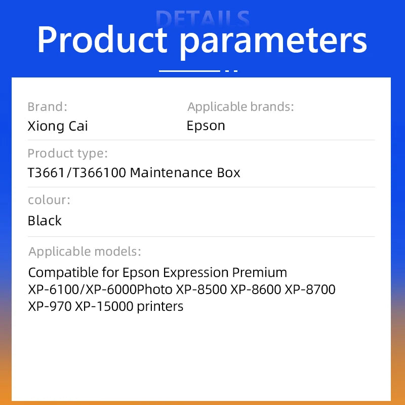 T3661/T366100 Maintenance Box,for Epson Expression Premium XP-6100/XP-6000Photo XP-8500 XP-8600 XP-8700 XP-970 XP-15000 printers