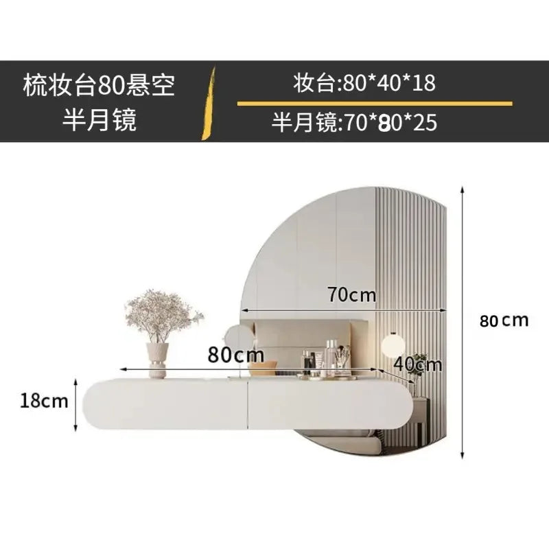 Cream Wall Mounted Dresser with Mirror Modern Minimalist Bedroom Makeup Vanity Floating Storage Console Table