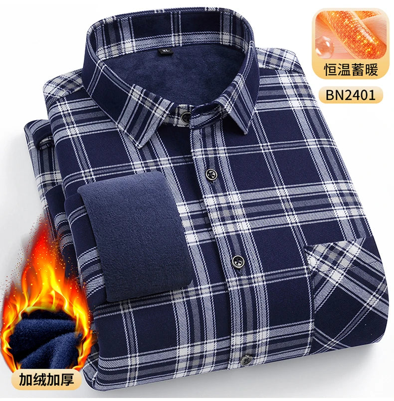 Men's Warm Long-Sleeved Shirt with Double-Sided Fleece, Winter Casual, Cold-Resistant, Street Fashion, Comfortable and Versatile